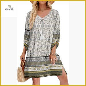 Boho Floral Mini Dress 3/4 Sleeve Rayon Casual Beach Summer Sundress